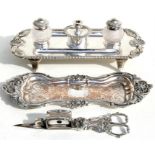 A Walker & Hall silver plated desk stand with two cut glass inkwells, 28cm (11ins) wide; together