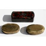 A brass snuff box inscribed 'H Freeman, Collier'; together with another similar inscribed 'Harry