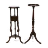 A reproduction mahogany plant stand on turned & barleytwist supports; together with another