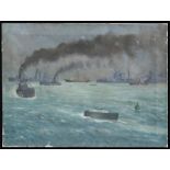 Early 20th century seascape - Britannia reviewing the fleet - oil on canvas, unframed, 61 by