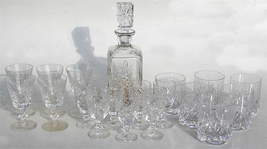 A mixed lot of cut glass including a decanter, six whisky tumblers, five wine glasses and five