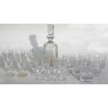 A mixed lot of cut glass including a decanter, six whisky tumblers, five wine glasses and five