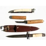 J Nowill & Son's sheath knife, 26cms (10.25ins) long; together with an ivory mounted folding