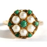 A 9ct gold seed pearl & turquoise cluster ring, approx UK size 'P'.