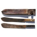 A WW2 Martindale No.22 machete (blade length 37.5cms (14.75ins)) in its leather scabbard marked H.