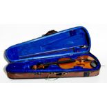 A Stentor three-quarter size student's violin with associated bow and Stentor case.