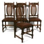 A set of four oak dining chairs with drop-in seats and caned backs, on barleytwist supports (4).