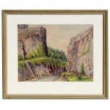 G W Lambert (Modern British) - Landscape Scene of Cheddar Gorge with Figures - watercolour, framed &