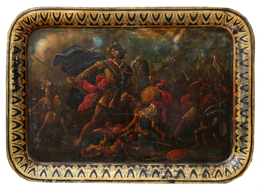 An early 19th century toleware tray decorated with a battle scene, 76cms (30ins) wide.