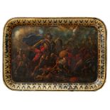 An early 19th century toleware tray decorated with a battle scene, 76cms (30ins) wide.