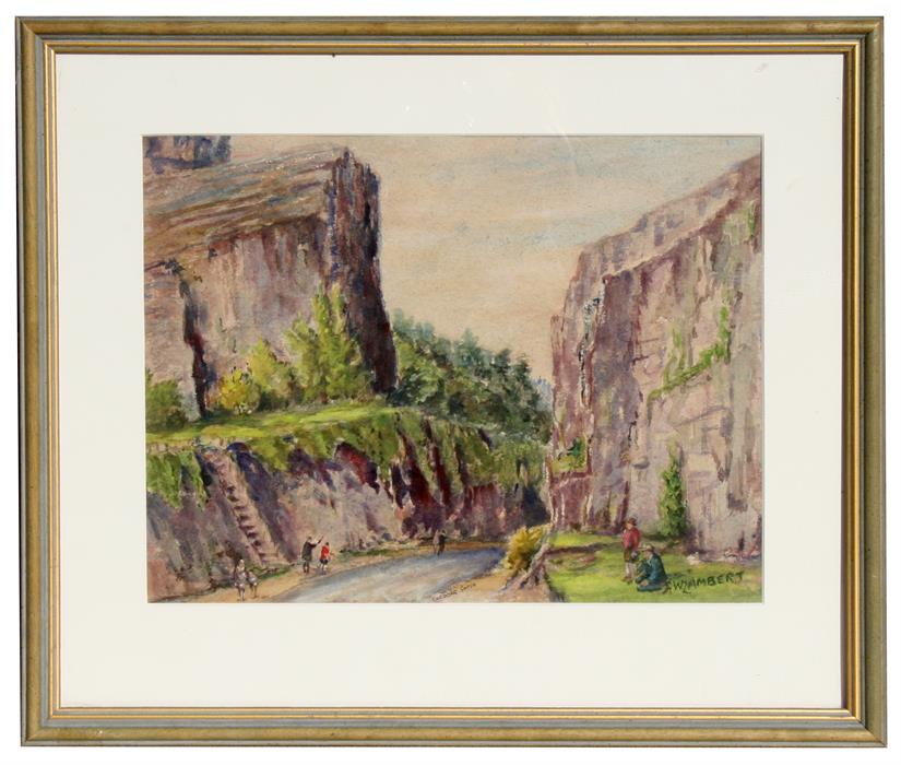 G W Lambert (Modern British) - Landscape Scene of Cheddar Gorge with Figures - watercolour, framed &