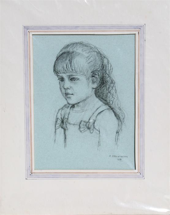 Dorothy Sims Williams - Portrait Study of a Young Girl - chalk, mounted but unframed, 24 by 32cms (