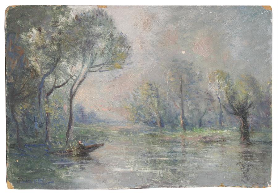 Joseph Bonello (Maltese 1878-?) - Impressionist Figure in a Boat on a Tree Lined River - signed