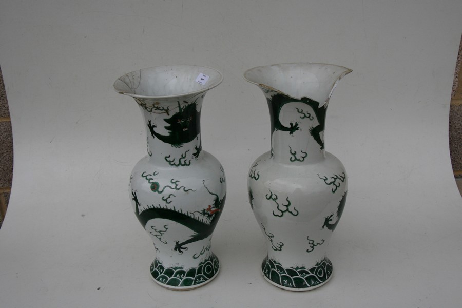 A pair of 19th century Chinese famille verte vases decorated with dragons chasing a flaming pearl, - Image 4 of 12
