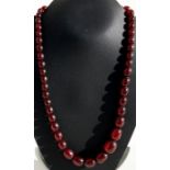 A cherry amber Bakelite necklace comprising fifty two graduated oval beads, the largest 20mm wide.