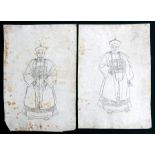Two unfinished templates of warriors on pith paper, each 35 by 23cms (13.7 by 9ins) (2).