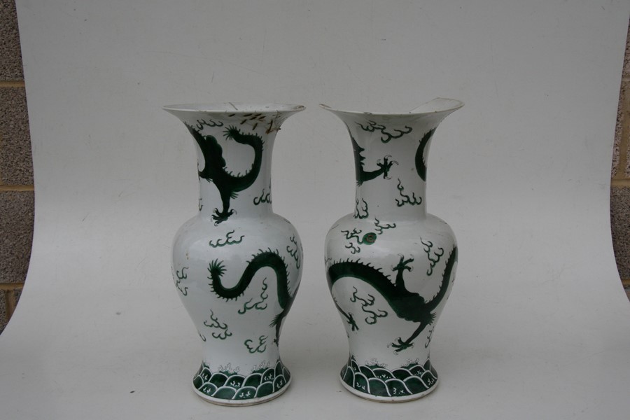 A pair of 19th century Chinese famille verte vases decorated with dragons chasing a flaming pearl, - Image 6 of 12