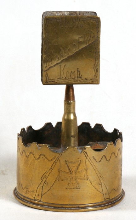 A German WW1 trench art ashtray and combined matchbox holder with engraving: No.82 Prisoner of War