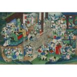 A Chinese watercolour depicting a court scene, framed & glazed, 51 by 35.5cms (20 by 14ins).