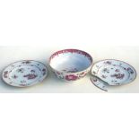 A 19th century Chinese famille rose bowl, 22.5cms (9ins) diameter; together with a pair of 18th /