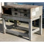 A painted pine work bench with four short drawers with inset brass handles, 107cms (42ins) wide.