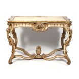 A Louis XV style painted & gilt wood console table, the serpentine moulded edge top inset with later