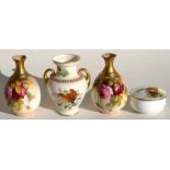 A pair of Royal Worcester vases decorated with roses, 19cms (4ins) high; together with a Royal