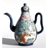 A 19th century Chinese wine pot & cover decorated with warriors on a blue ground with gilt