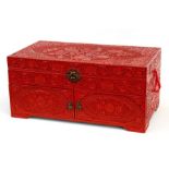 A large Chinese cinnabar lacquer box decorated with birds, flowers & foliate scrolls, the lift up