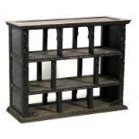 A Chinese hardwood two-tier sectioned display shelf carved with bamboo throughout, 94cms (37ins)