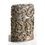 A Chinese silver plated lidded box decorated with applied dragons, 7cms (2.75ins) high.
