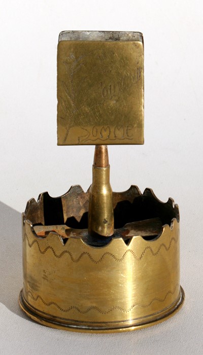 A German WW1 trench art ashtray and combined matchbox holder with engraving: No.82 Prisoner of War - Image 2 of 2