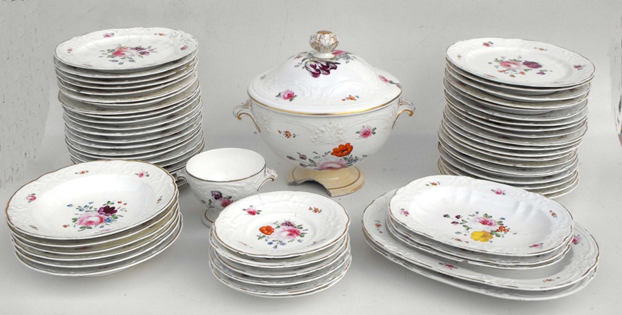 A large quantity of 19th century Bloor Derby dinner ware decorated with flowers and gilt highlights,