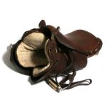A leather military saddle.