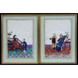 A pair of Chinese watercolour paintings on silk depicting figurees and their attendants, framed &