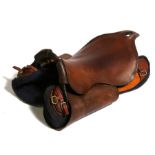 A leather military saddle.