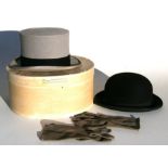 A Lock & Co. grey top hat, boxed; together with a Lock & Co. bowler hat and pair of gentleman's grey