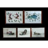 A set of five Chinese watercolour paintings on pith paper, three depicting fishing boat scenes and