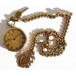 A 14ct gold open faced key wound pocket watch on a gold plated Albert chain with 9ct gold fob.