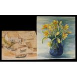 A group of unframed watercolours depicting still lifes, landscapes and a Cornish harbour scene.