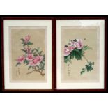 A pair of Chinese watercolour paintings on silk depicting flowers & insects, with calligraphy &
