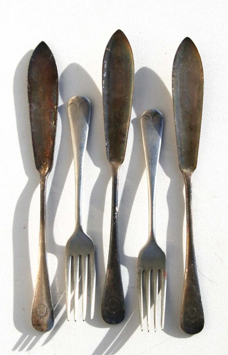 Three WW2 Royal Air Force fish knives with the RAF logo and two forks marked AM 1939 & 1940 by