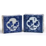 A pair of Chinese blue & white flower bricks or pillows, decorated with fo dogs & prunus, 14cms (5.