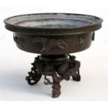 A Japanese bronze censer on stand, the stand of naturalistic form, with three-character mark to