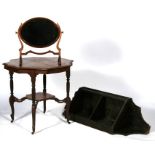 An Edwardian mahogany toilet mirror; together with a pine corner cupboard and a mahogany two-tier