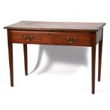 A walnut side table with single frieze drawer, on square tapering legs, 107cms (42ins) wide.