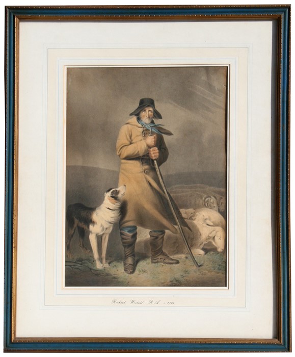 Attributed to Richard Westall (1765-1836) - A Shepherd and his Flock - watercolour, framed & glazed,