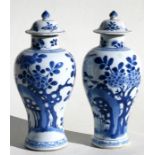A pair of Chinese Kangxi vases & covers decorated with birds and foliage, 25cms (9.75ins) high.