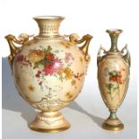 A Victorian Royal Worcester two-handled vase of globular form decorated with flowers on a blush