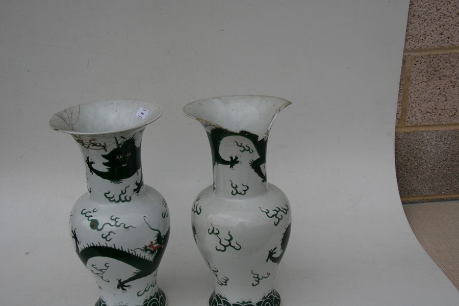 A pair of 19th century Chinese famille verte vases decorated with dragons chasing a flaming pearl, - Image 3 of 12